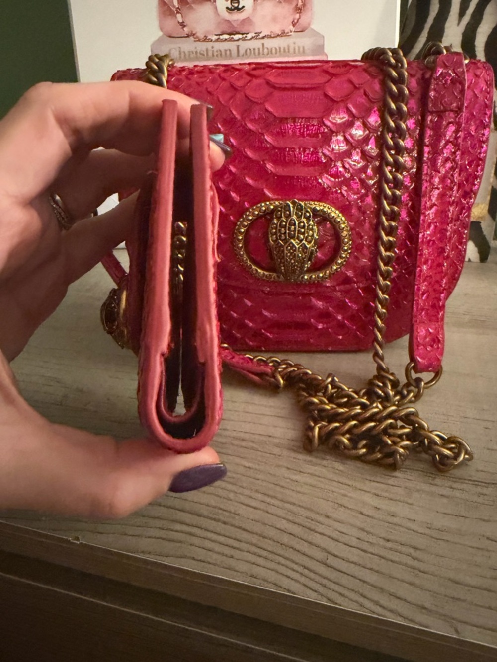 Kurt Geiger Hot Pink Snake-Embossed Crossbody & Wallet NWOT - Picture 4 of 14